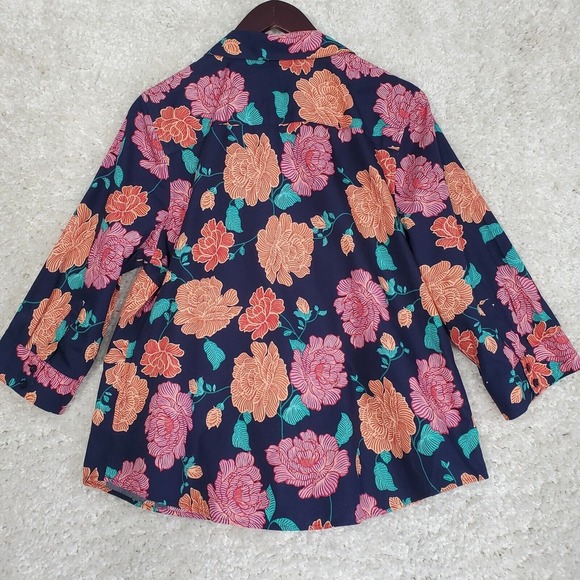 Chico’s Women Shirt Size 2 US 12 Floral Button Up 3/4 Sleeve Navy Orange Pink - Picture 8 of 12